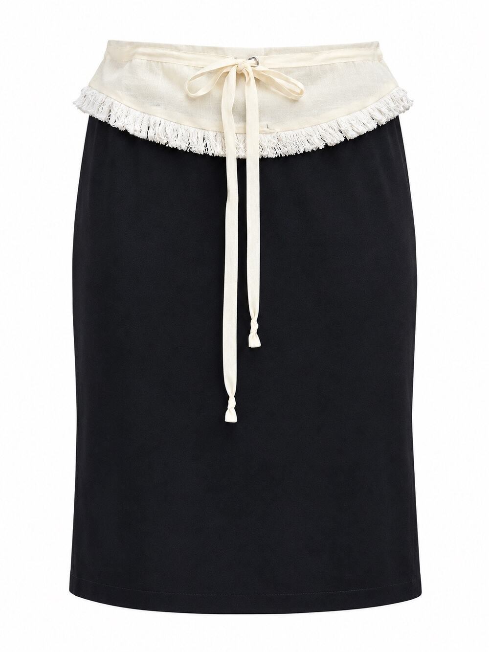 Michelle Del Rio NWT Soledad Black Skirt Ivory Fringe Drawstring Waist S/M